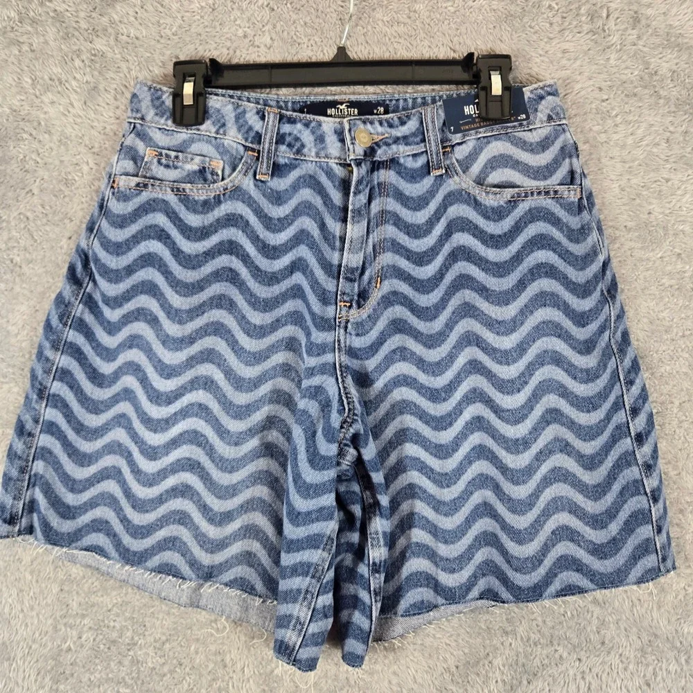Hollister High-Rise Vintage Baggy Shorts 8 Blue Wave Swirl Pattern Denim 7 W28